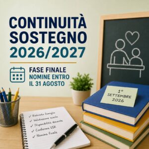 Scopri di più sull'articolo Continuità Sostegno 2026/2027: da oggi la fase finale, nomine entro il 31 agosto