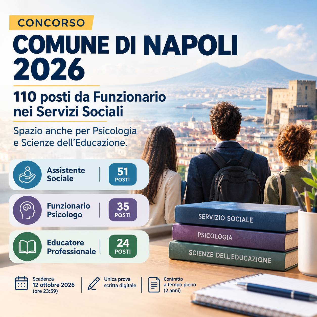 Al momento stai visualizzando Concorso Comune di Napoli 2026: 110 posti da Funzionario nei Servizi Sociali, spazio anche per Psicologia e Scienze dell’Educazione